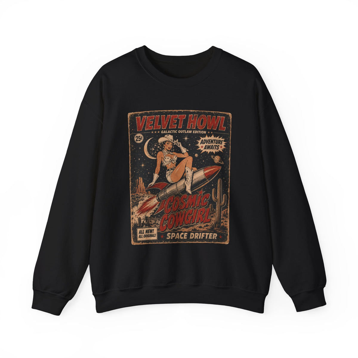 Vintage Space Pinup Crewneck Sweatshirt — "Velvet Howl" Rocket Girl Graphic
