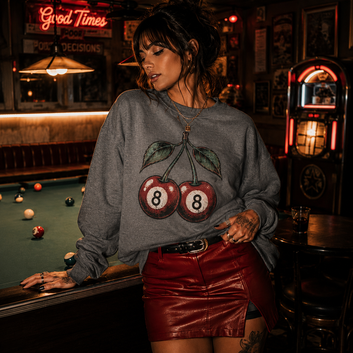 Cherry 8-Ball Sweatshirt — Retro Tattoo Cherry Graphic Crewneck