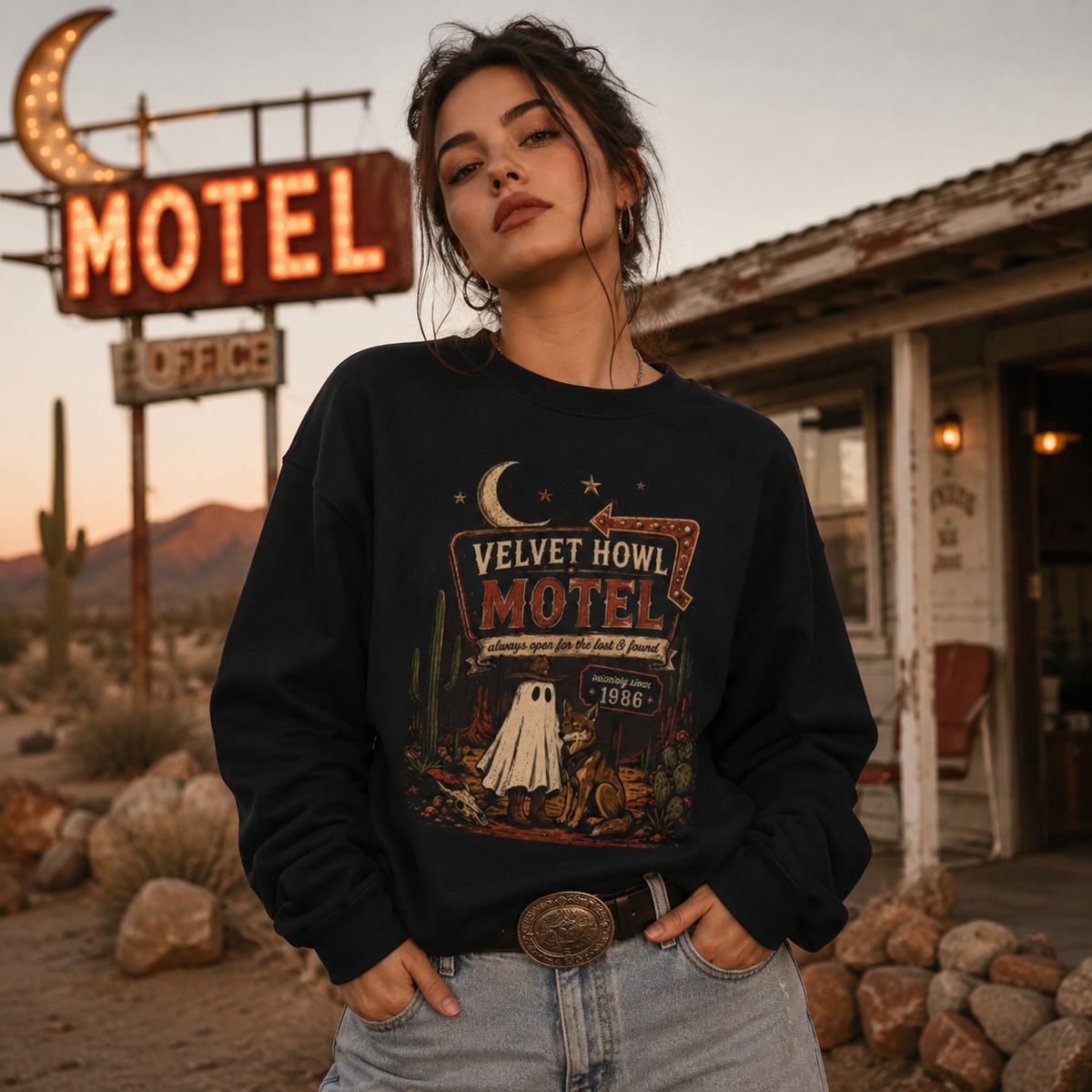 Velvet Howl Motel Sweatshirt — Retro Ghost Motel Vintage Crewneck