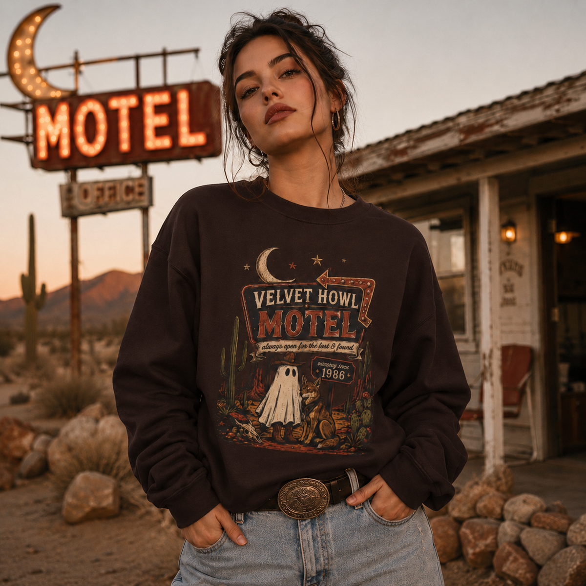 Velvet Howl Motel Sweatshirt — Retro Ghost Motel Vintage Crewneck
