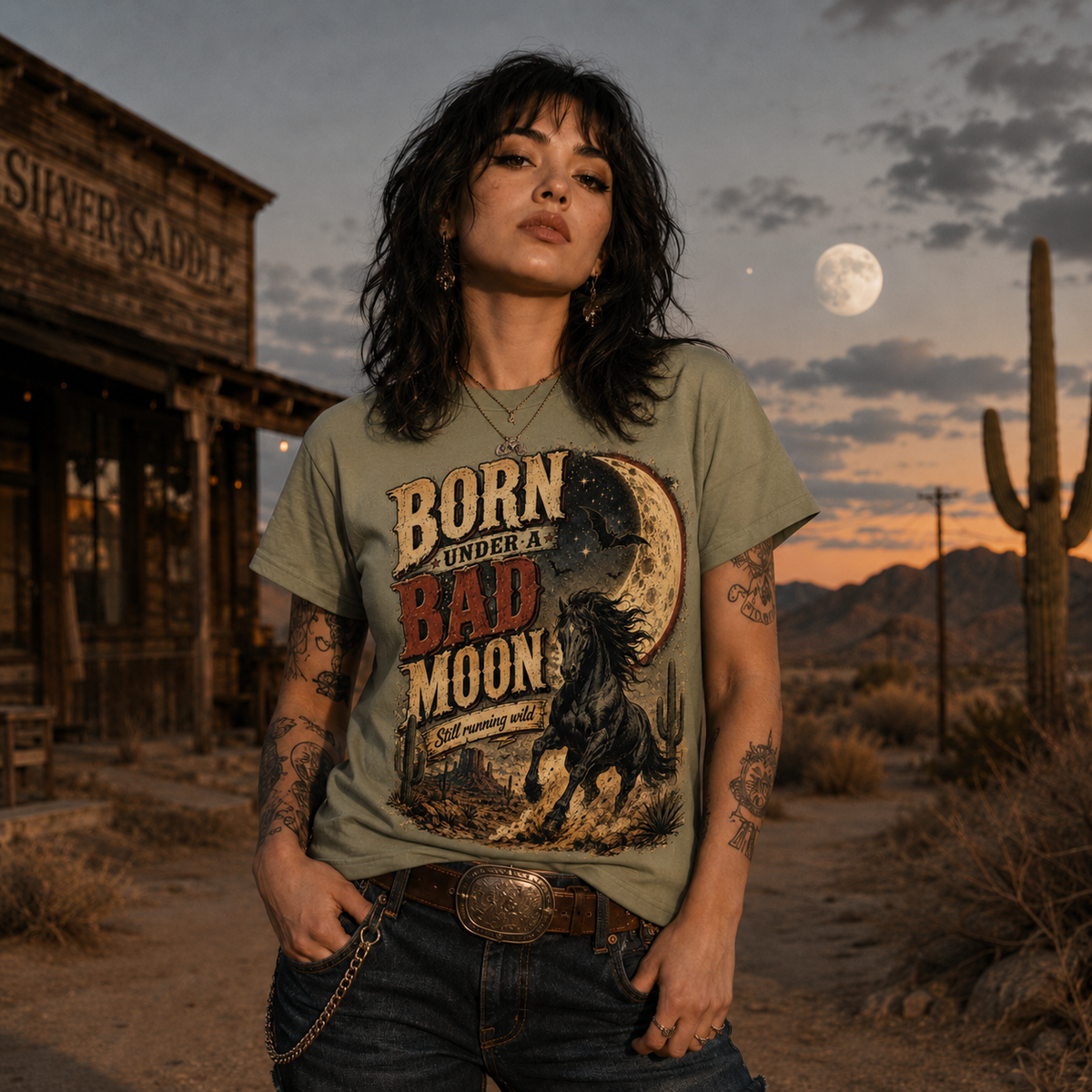 Born Under a Bad Moon T-Shirt — Vintage Moon & Horse Graphic Tee