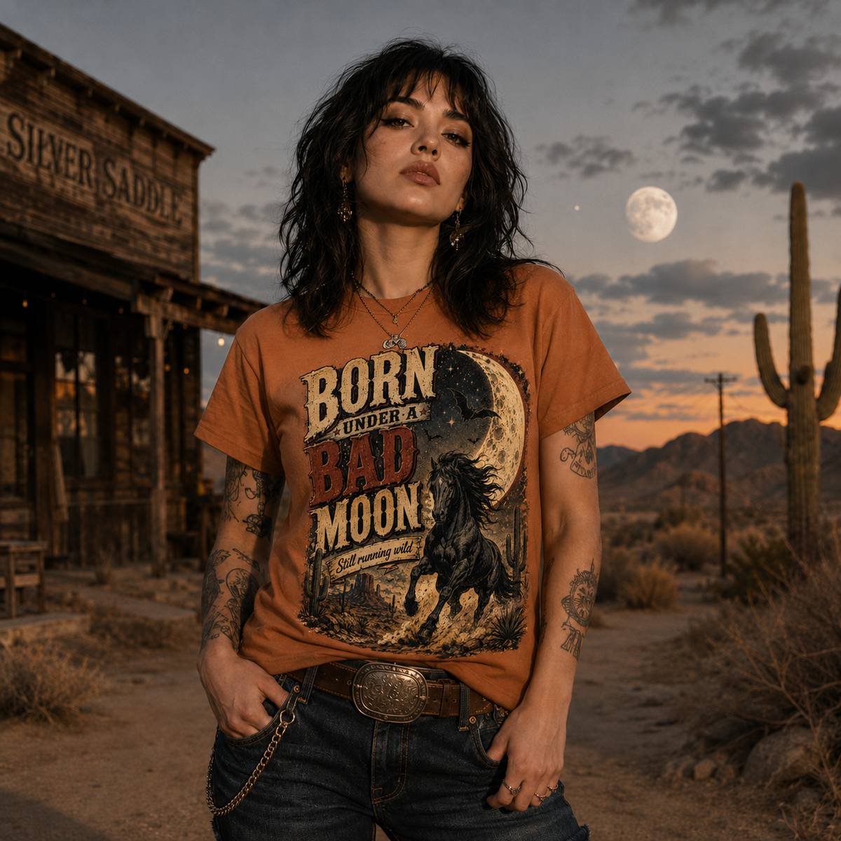 Born Under a Bad Moon T-Shirt — Vintage Moon & Horse Graphic Tee