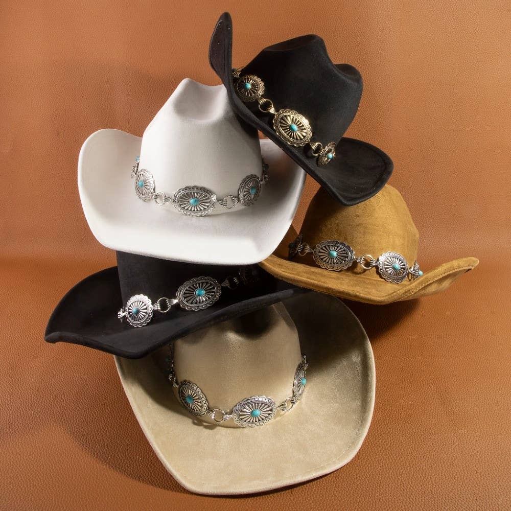 Turquoise Stud Concho Belt Western Cowboy Hat, Black