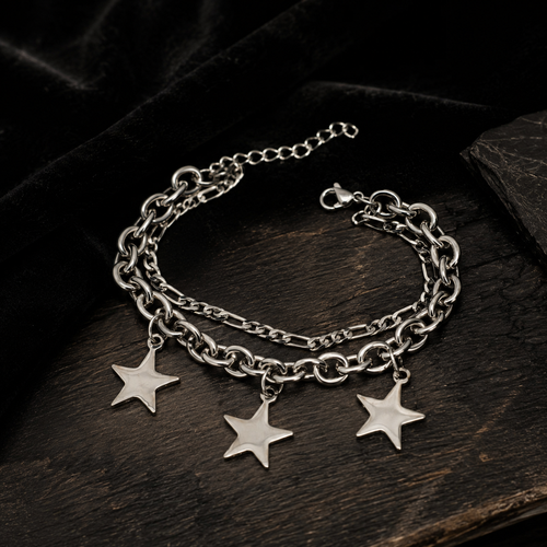 3 Stars Charm Pendant Stainless Steel Double Chain Bracelet